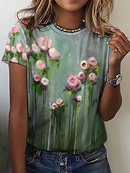 

Loosen Sweet Floral Short Sleeve Tops, Green, T-shirts