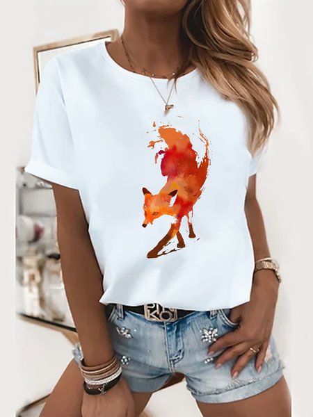 

Loosen Crew Neck Animal Short Sleeve T-Shirt, White, T-Shirts