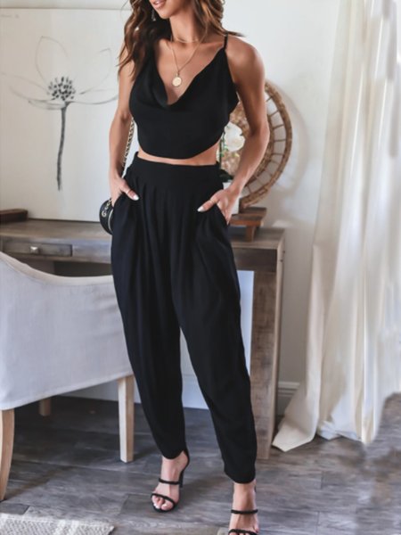 

Casual Solid Spaghetti Sleeveless Top With Pants Sets, Black, Pants Set