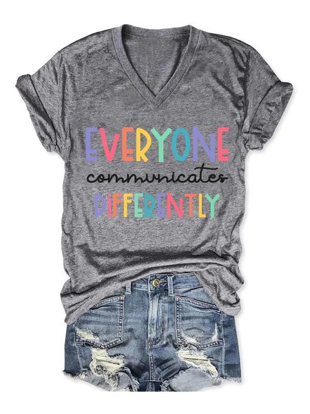 Women's Everyone Communicate Differently V-Neck T-Shirt, Gray, T-shirts