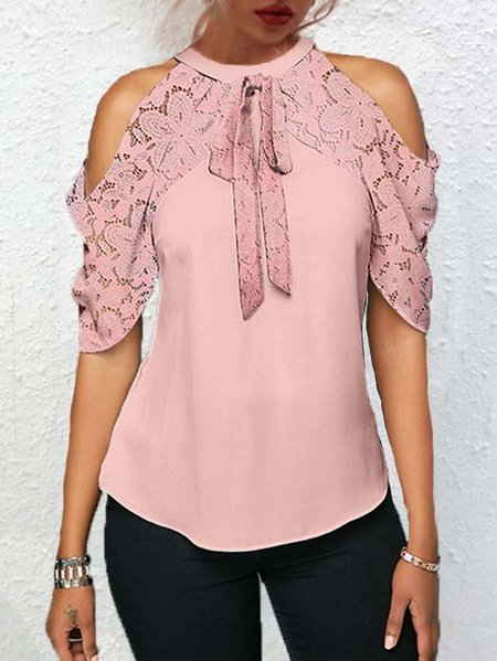 

Solid Lace Short Sleeve Tops, Pink, Shirts & Blouses