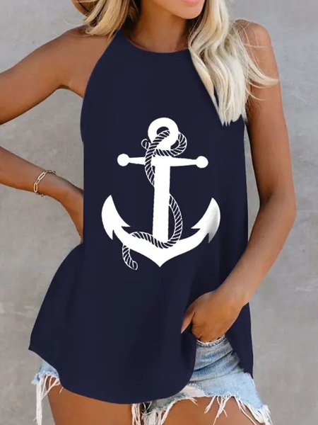 

Printed Loosen Casual Knit Tank, Blue, Tank Top