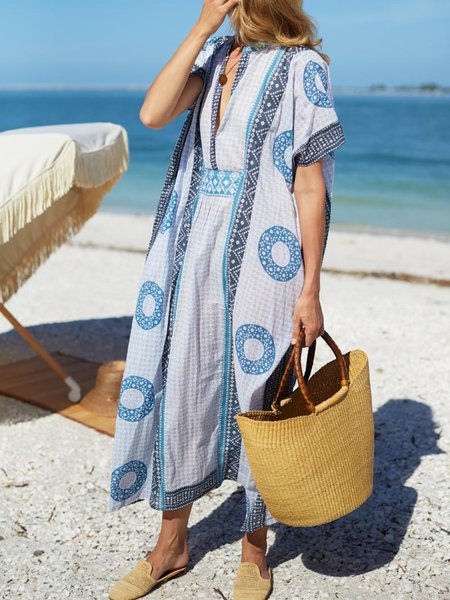 

Vacation Loosen Tribal Short Sleeve Woven Dress, Blue, Maxi Dresses