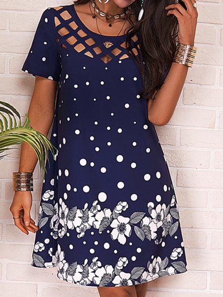 

Vacation Floral Polka Dots Printed Casual Loosen Hollow Out Devore Round Neck Midi Short Sleeve Woven Dress, Navy blue, Mini Dresses