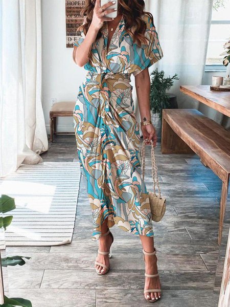 

Vacation Printed Slim Fit Short Sleeve Dress, Blue, Maxi Dresses