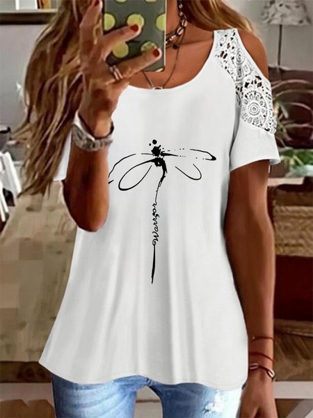Lace Crew Neck Dragonfly Short Sleeve Plus Size Casual T-Shirt, White, T-Shirts