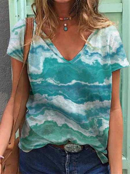 

V Neck Casual Short Sleeve T-Shirt, Green, T-Shirts