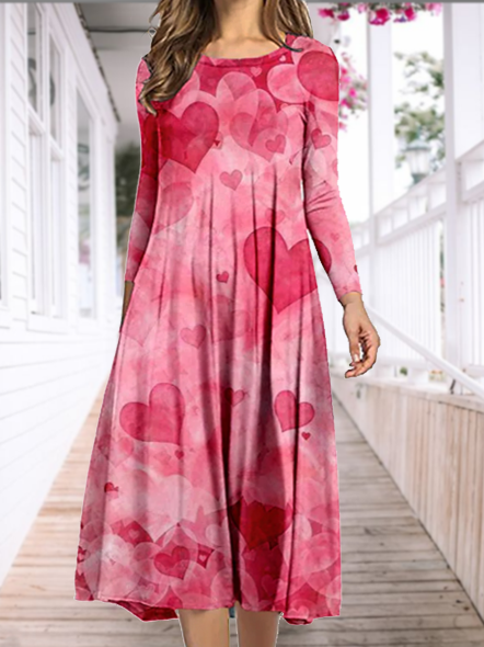 

Pink Heart Gradient Tie-Dye Print Mother's Day Dress Casual Long Sleeve Knit Dress, Dresses