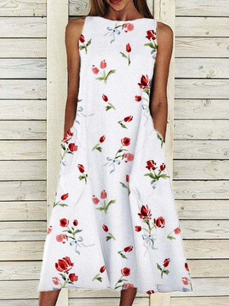 

Floral Pockets Casual Sleeveless A-line Dresses, White, Midi Dresses