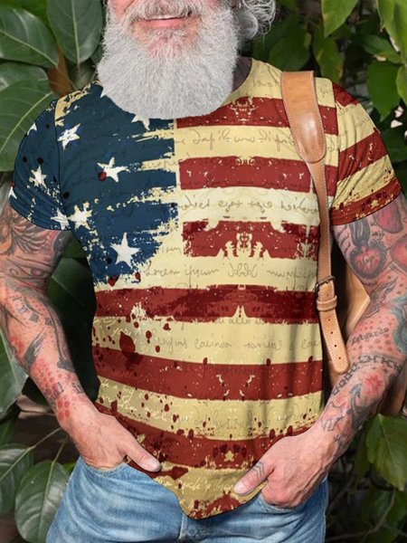 

Vintage American Flag Casual Short Sleeve T-Shirt, As picture, T-shirts