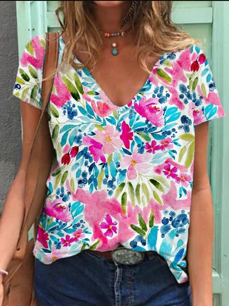 

V Neck Casual Short Sleeve T-Shirt, Multicolor, T-Shirts