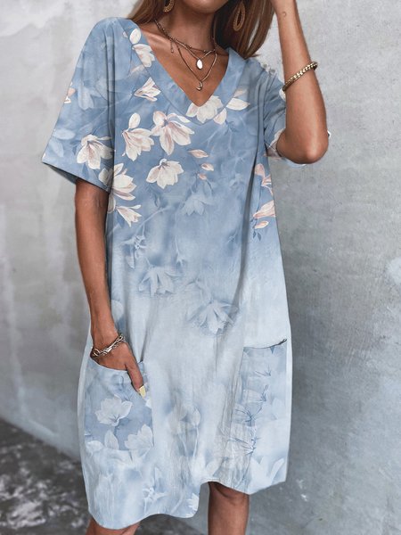 

Floral Casual V Neck Short Sleeve Women Dress, Blue, Mini Dresses