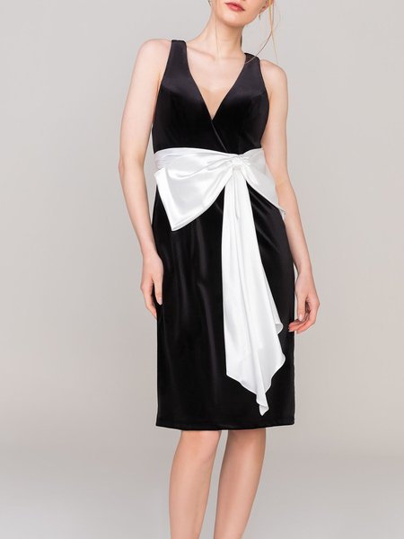 

Elegant V Neck Sleeveless Woven Dress, Black, Midi Dresses
