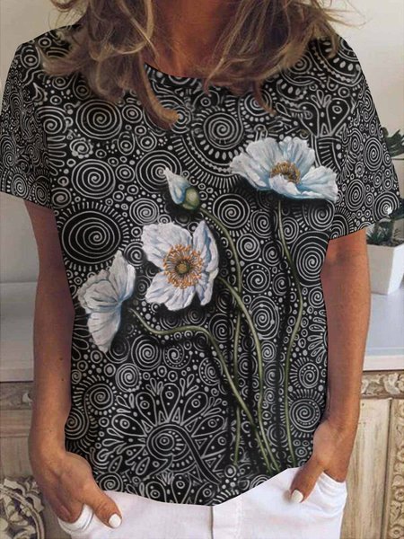 

Casual Paisley Floral Print Crew Neck T-Shirt, As picture, T-shirts