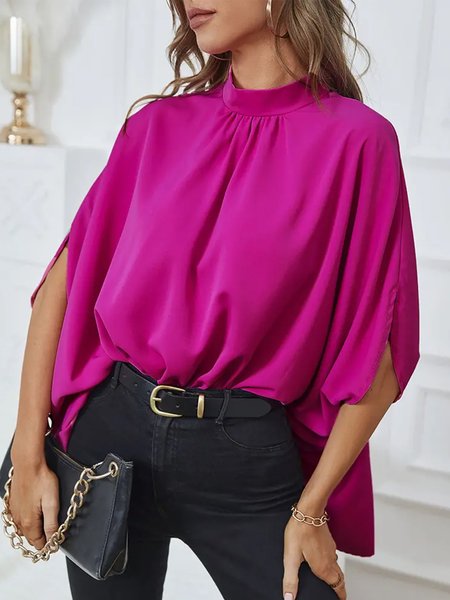 

Solid Stand Collar Half Sleeve Daily Top, Rose red, Tops