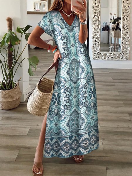 

Boho Vacation Tribal Geometric Floral Printed Casual Loosen Slit V Neck Maxi Short Sleeve Knit Dress, As picture, Maxi Dresses