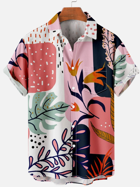

Men’s Floral Color Block Casual Tribal Short Sleeve Hawaiian Shirt, Pink, Short Sleeves Shirts