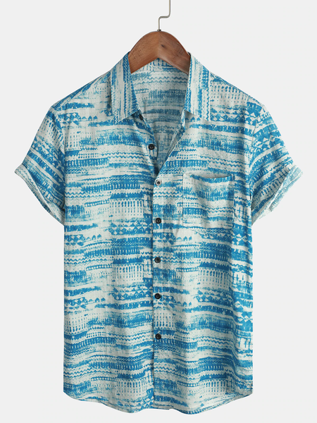 

Men's Cotton Linen Natural Geographic Print Short Sleeve Shirt, Blue, Shirts ＆ Blouse