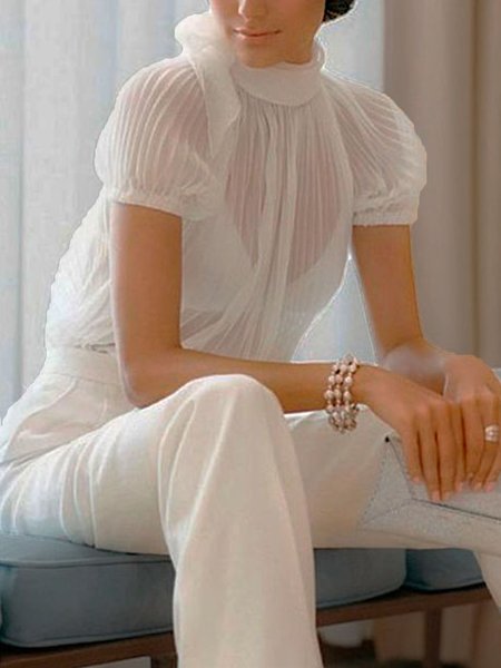 

Plain Elegant High Neck Short Sleeve Top, White, Tops