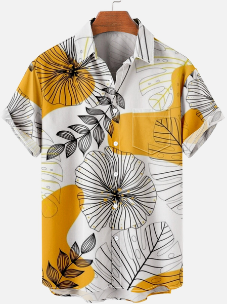 

Men’s Floral Color Block Casual Tribal Short Sleeve Hawaiian Shirt, Yellow, Short Sleeves Shirts
