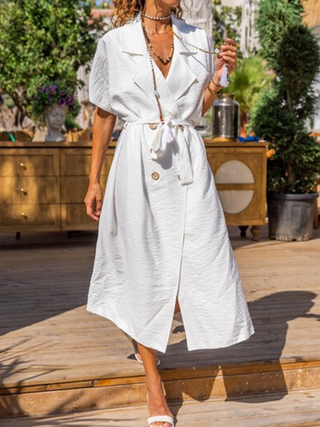 

Loose holiday staple belt suit lapel collar holiday dress long Plus Size, White, Midi Dresses