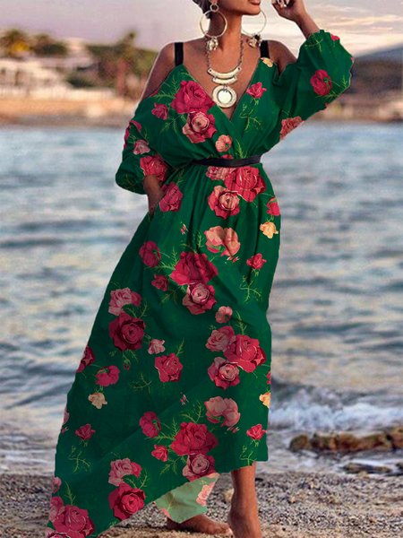 

Floral Long Sleeve V Neck Vacation Maxi Dress, Green, Maxi Dresses