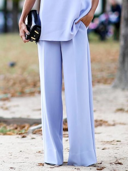 

Daily Solid Simple Pockets Straight Leg Pants, Blue, Wide Leg Pants