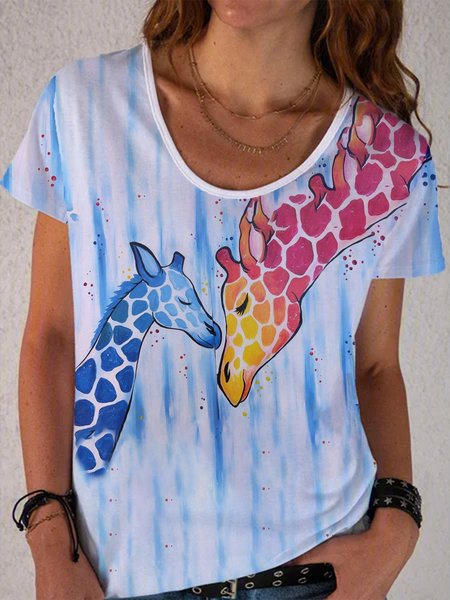 

Cute Giraffe Print Round Neck Short Sleeve Casual T-Shirt, Blue, T-Shirts