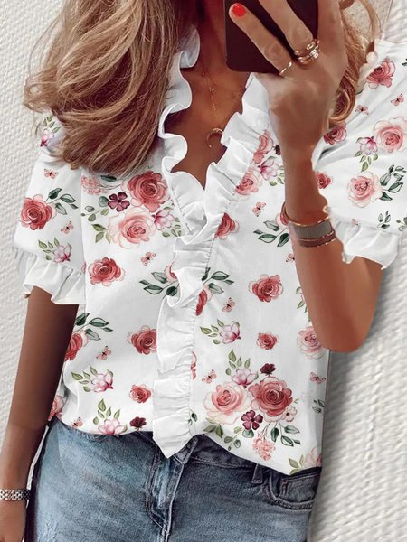 

Floral V Neck Casual Short Sleeve Loosen Tops, White, Tops
