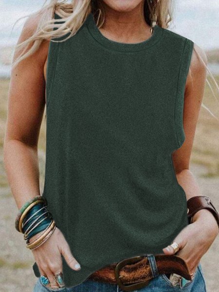 

Casual Simple Plain Round Neck Tank Top, Dark green, Tank Tops
