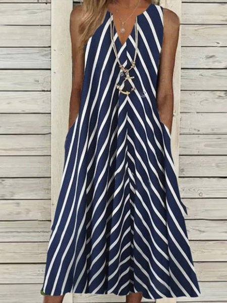 

Casual V Neck Sleeveless Dresses, Deep blue, Midi Dresses
