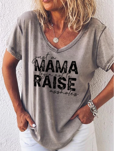

Letter V Neck Short Sleeve Tops, Gray, T-Shirts