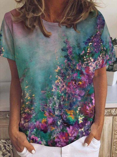 

Casual Abstract Gradient Floral Print Crew Neck T-shirt, As picture, T-shirts