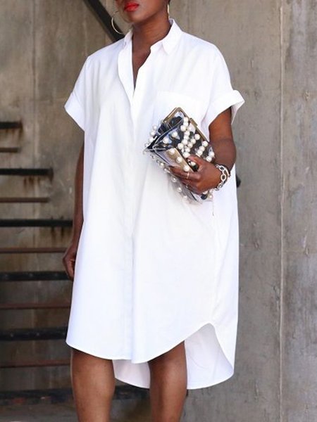 

Daily Solid Simple Short Sleeve Shirt Collar Dress, White, Mini Dresses