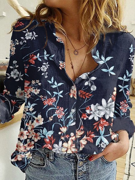 

Floral Casual Shirt Collar Long Sleeve Blouse, As picture, Blouses & Shirts