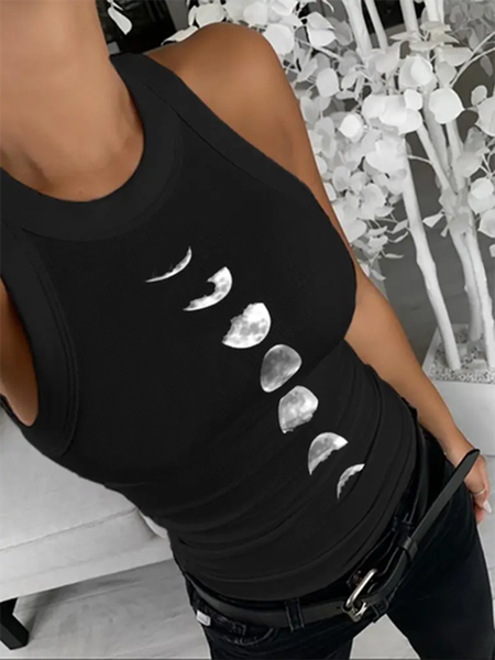 

Printed Crew Neck Casual Knit Tank, Black, Tank Top