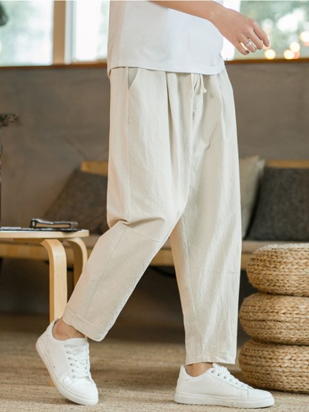 

Men's Loose Plus Size Linen Elastic Waist Trousers, Off white, Pants