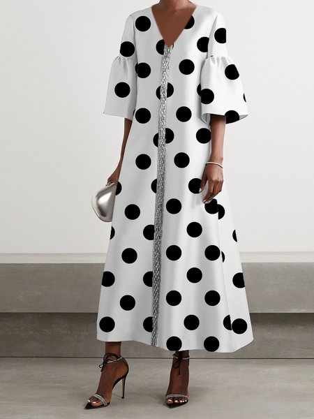 

Elegant V Neck Half Sleeve Polka Dots Maxi Dress, Black, Maxi Dresses
