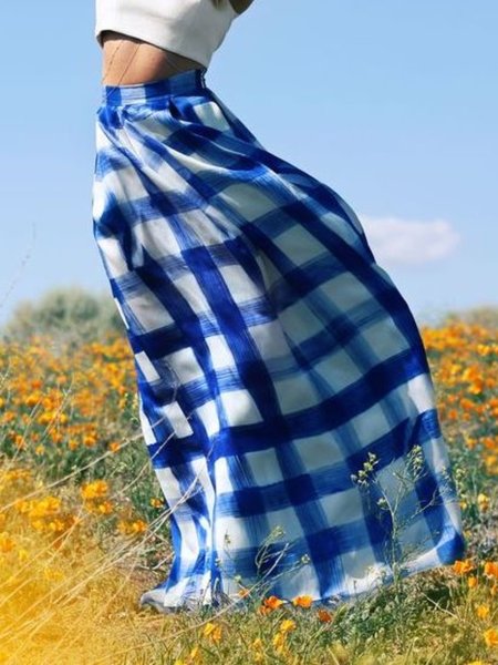 

Summer Non-Stretch Lightweight Zipper fly A LineA Grid Long Skirt, Blue, Maxi Skirts