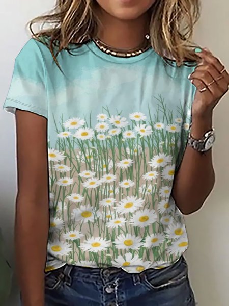 Flower Print Casual Short Sleeve T-Shirt, As picture, T-shirts