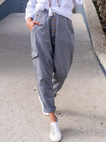 

Buttoned Pockets Casual Long Pants, Gray, Pants