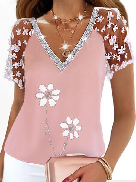Guipure Hollow Out Short Sleeve Tops, Pink, Shirts & Blouses