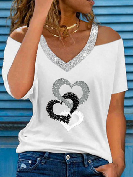 

V-neck Casual Loose Heart Print Short Sleeve T-shirt, White, Shirts & Blouses