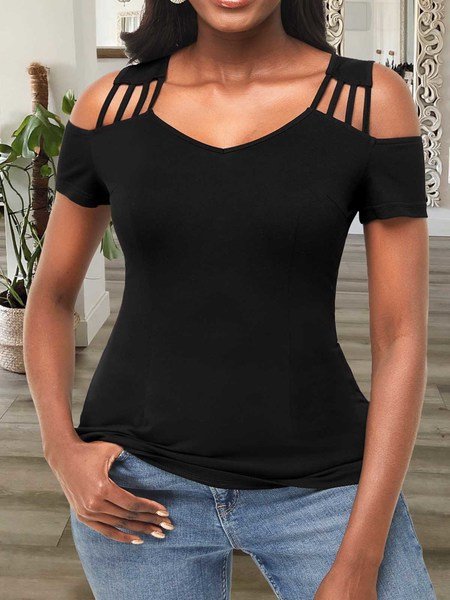 

Basic leisure simple plain color no pattern hollow out bandage binding decorative off shoulder top T-shirt Plus Size, Black, Tees & T-shirts