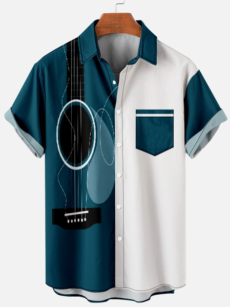

Men’s Music Guitar Color Block Casual Tribal Short Sleeve Hawaiian Shirt, Green, Short Sleeves Shirts