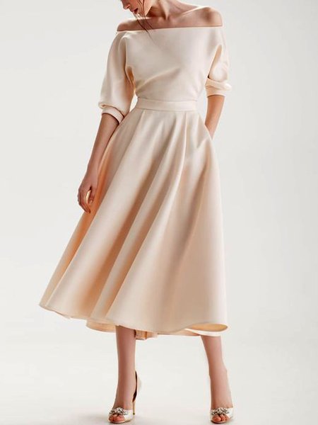 

Off The Shoulder Short Sleeve Knit Midi Dress, Apricot, Midi Dresses