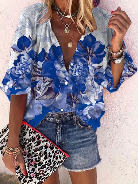

Crew Neck Vacation Mid Sleeve Blouse, White-blue, Blouses & Shirts