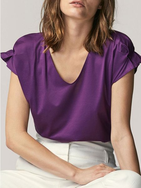 

V Neck Elegant Loosen Short Sleeve Tops, Purple, Tops