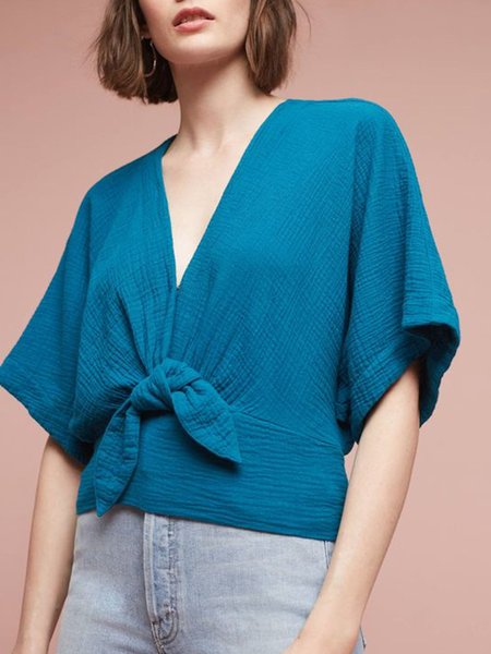 

Cotton V Neck Vacation Short Sleeve Tops, Blue, Tops