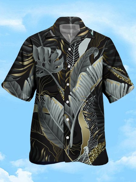 

Mens Tropical Palm Leaves Print Casual Breathable Short Sleeve Shirt, Black, Men's Floral shirt